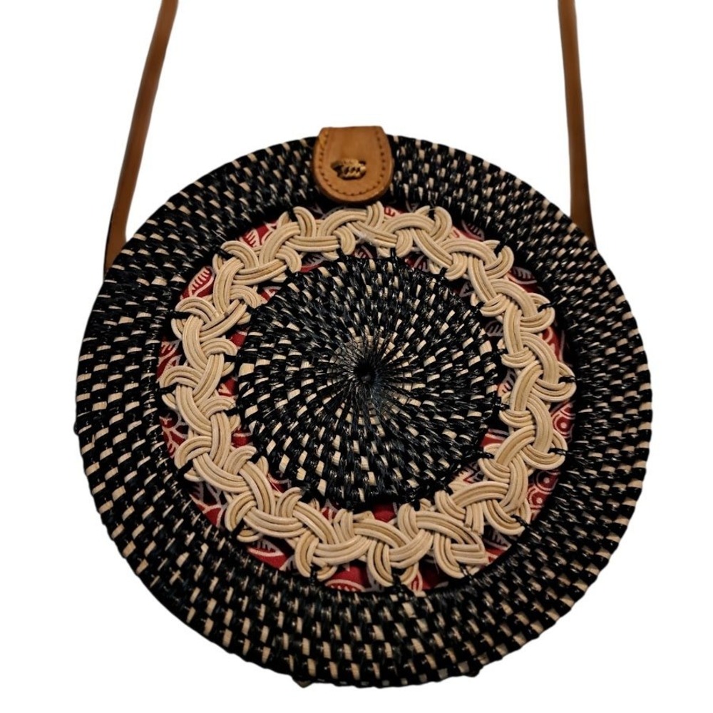 Handwoven Round Rattan Crossbody Bag Black Cream Woven Straw Batik Lining 8in - Picture 7 of 14